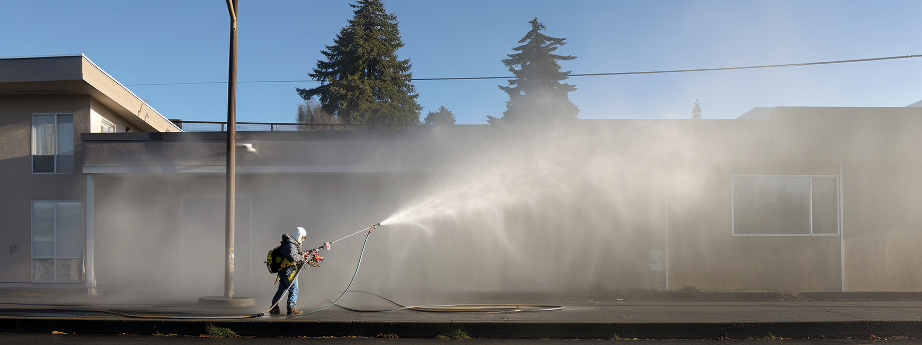 a person using a spray foam gun in front of a vancouver, wa building with marketing keywords displayed around them.