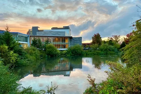 A modern building with large glass windows reflecting a river or pond at dusk or dawn. Lush green vegetation surrounds the water and the building, and the sky is filled with colorful clouds.