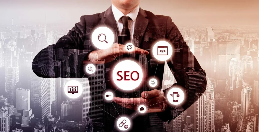 Why Are Comprehensive SEO Audits the First Step to Higher Rankings? 1 A businessman in a suit holds his hands around a central glowing circle containing the letters "SEO," surrounded by smaller glowing circles with icons representing various SEO aspects like search, website analysis, keywords, mobile optimization, links, and code, overlaid on a cityscape.